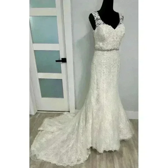 Elegant Lace Wedding Dress V Neck Beaded Sash Trumpet Silhouette sz 4-6